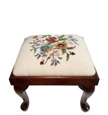 Vintage Queen Anne Style Needlepoint Footstool Handcrafted Floral Wood Ottoman picture