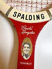 Antique Spalding PANCHO GONZA Wood Wooden Tennis Racket Portrait Pictorial Japan picture