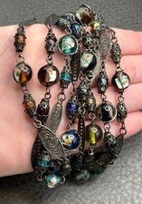 Vintage Spun Silver Venetian Foil Glass Bead Silver Tone Chain Necklace 42