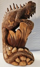 Large Hand-Carved Suar Wood  Iguana Statue With Intricate Scales On LogBase9.85