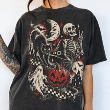 Retro Halloween  Tee, Y2K Vintage Black Cat Ghost Skeleton Tee picture