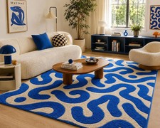Geometric Organic Shape Mat, Blue & Cream Carpet Hand Tufted NZ Wool , Modern picture