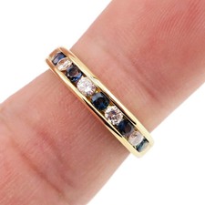 Classic 14k Solid Yellow Gold Natural Blue Sapphire and Diamond Band Ring Size 7 picture