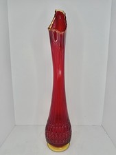 Vintage MCM LE Smith Glass Thousand Eye Ruby 22.75” Swung Vase Great Mouth picture