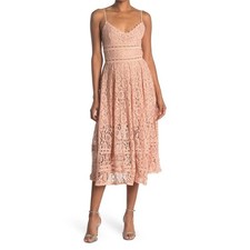 NSR Womens L Pink Crochet Lace Sheer Accent Sleeveless Lined V-Neck Midi Dress picture