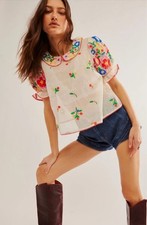 Women's Free People  Flowers of Love embroidery ecru top short sleeve size L NWT picture