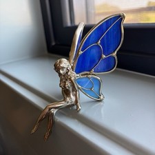 Vintage Fairy Pixie 4in Pewter Silver Tone Figure Stained Glass Wings picture