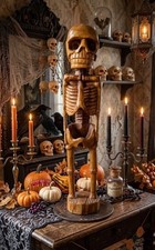 Vintage Hand Carved Wood Skeleton Statue Full Standing Folk Art Halloween 29 In picture