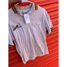 Vintage Print-Ons Yellowstone Darts Polo Shirt White Rasta Trim USA Made Medium picture