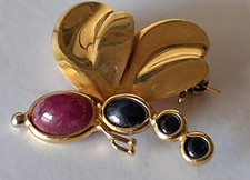 18K Yellow Gold Bee Brooch - Natural Ruby & Sapphire - Vintage Italian Vicenza picture
