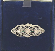 14K WHITE GOLD 3 DIAMOND + 2 ACCENTS FILIGREE ART DECO BROOCH - 4.41 GRAM -NICE picture