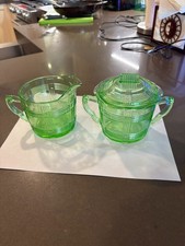 DEPRESSION ERA CRISS CROSS GREEN SUGAR (WITH LID) AND CREAMER. picture
