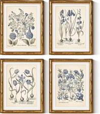 Rustic Bamboo Framed Blue Hydrangea Wall Art Set, 4 Pcs, 11x14 Inch picture
