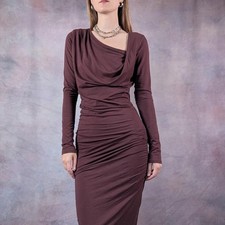 Bebe Stretchy Viscose Long Sleeve Asymmetrical Ruched Midi Dress S picture