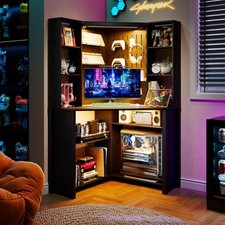 Home Office Desk with Pull-Out LED, Corner Desk with Power Outlet and 10 Shelves picture