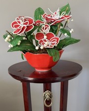 VTG French Glass Beads Red white lilies Flowers Bouquet HE LOVES ME....Read picture