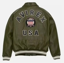 Men's Olive Green AVIREX Bomber Casual Warm Sport Basebal Faux Leather Jacket picture