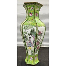 Antique Chinese Canton Enamel 17” Hexagonal Vase: Court Ladies & Wisteria picture