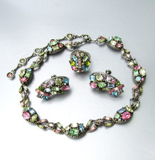 Vintage HOLLYCRAFT Signed 1955 Fruit Salad Rhinestone Necklace Earrings RING Set picture