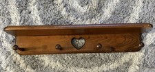 Vintage Pine Wooden Wall Shelf Coat Rack Heart Cutout 4 Peg Country Farmhouse picture
