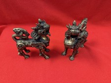 Vintage Pair Chinese Bronze Qilin Kylin Mythical Beast Figures Asian Dragons picture