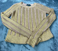 Womens Metallic Sweater Medium Gold Distressed Knit Crewneck Shimmer Holiday Top picture