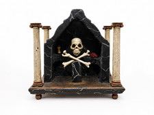 Rare Unusual Memento Mori Handcarved and Painted Shrine With Carved Skull Figure picture