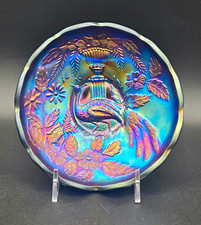 Northwood Peacock & Urn Electric Blue Carnival Glass Small Ice Cream Bowl Signed picture