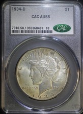 1934 D Peace Silver Dollar CACG AU58 Well Struck CAC Coin Nicely Toned Patina picture