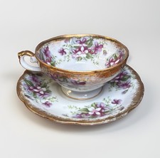 Vintage Lefton Crown Mark Purple Violet Teacup Saucer Set Hand Painted 22k Japan picture