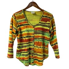 Color Me Cotton Green Striped Top Button Front Scoop Neck XS Vintage 100% Cotton picture