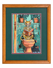 Brittony Martin Cat Skeleton  Painting, Contemporary Portrait, Matted & Framed picture