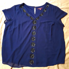 Roaman's Women's 24W Plus Navy Beaded Chiffon V-Neck Short Sleeve Lined Blouse picture