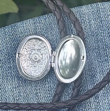 Silver Oval Locket Bolo Tie Black Leather Cord Vintage Western Style Necklace picture