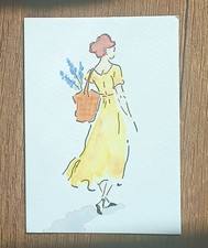 ACEO Original Illustration | Woman Strolling | Watercolor | 2.5 x 3.5 in picture