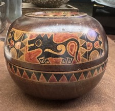 Vintage Hand-Carved Wooden Trinket Sphere with Hand-Painted Indigenous Art picture