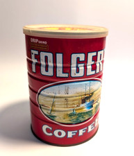 Vintage Folgers Sealed Coffee Can with Original Plastic Lid On Top 1 lb Empty picture