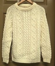 Vintage Hand Loomed Fisherman Cable Knit Sweater Ivory Cream Chunky Womens M picture