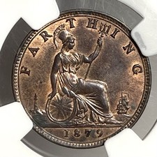 1879 Farthing Great Britain 1/4P Small 9 NGC MS61BN 1/4P England  picture