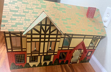 VINTAGE 1940s 2 STORY Tudor style DOLLHOUSE red brick 5 room holds 1:16 furnitur picture