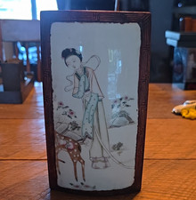 Vintage Late Qing Dynasty Chinese Carved Box W/Family Rose Porcelain Inlay Plaqu picture