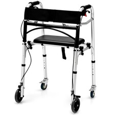 2-Button Folding Walker Height Adjustable Walking Aid with Seat 4 Wheels Brakes picture
