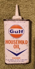Vintage GULF HOUSEHOLD OIL Advertising Tin Can 4 U.S. FL. OZS. -0.118 LITRE picture