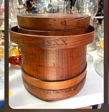 Vintage Wooden Firkin Bucket Storage Basket Round Medium Brown Woven Handle picture