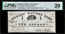 1864 Civil War Soldiers Way-Side Home Charleston SC $1 Obsolete PMG VF20 picture