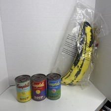 Andy Warhol Kidrobot Banana Plush + Andy Warhol 50th Campbells Tomato Soup Cans picture