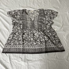 Lucky Brand Mix Print Black Combo V-Neck Ruffled Blouse Top Women's Large L picture