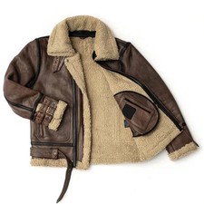 Men's RAF B3 SHEEPSKIN BROWN LEATHER AVIATOR WW2 LRVIN FLIGHT BOMBAR COAT JACKET picture