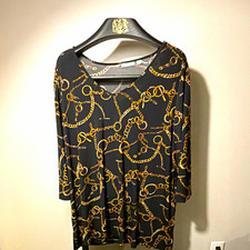 Susan Graver 3X Plus Black Gold Chain Print Knit Tunic Top 3/4 Sleeve picture