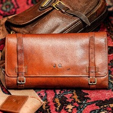 Stately English Antique Leather Suede Travel Grooming Toiletry Case Prop Decor picture